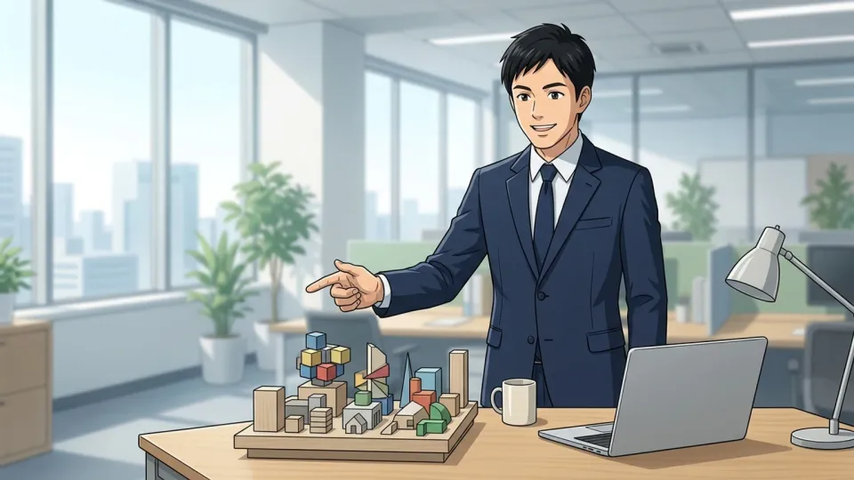 ビジネスの新しい事業モデルを指し示す人物のイラスト