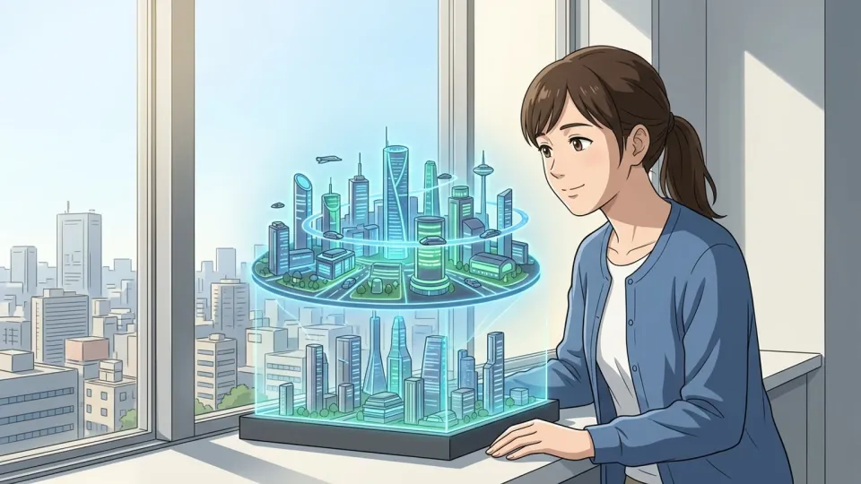 未来都市の模型を見つめる女性のイラスト