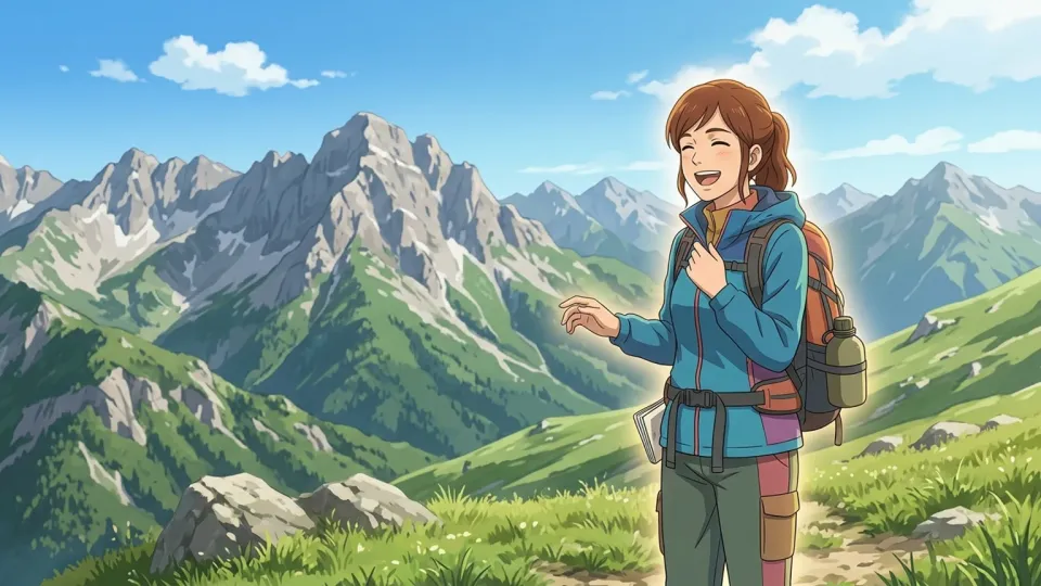 山を背景に思い出を語る人物