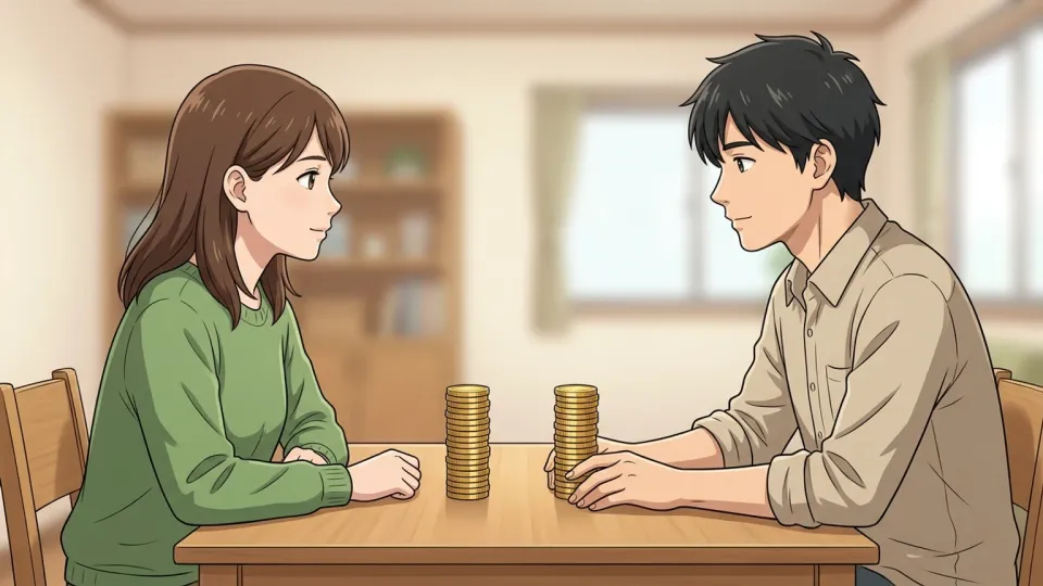 二人が同じ量のコインを持っている様子