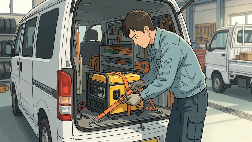 サービス車に携帯発電機を装備する作業員