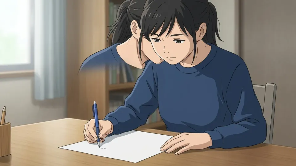 女性が紙に文字を書いているイラスト