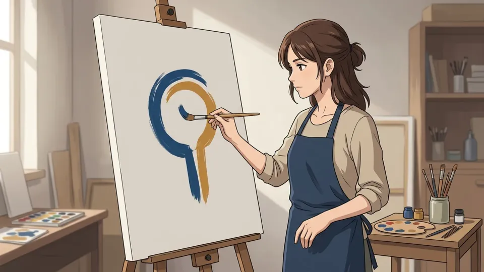女性画家が物語の核心を表現した絵を描いている場面