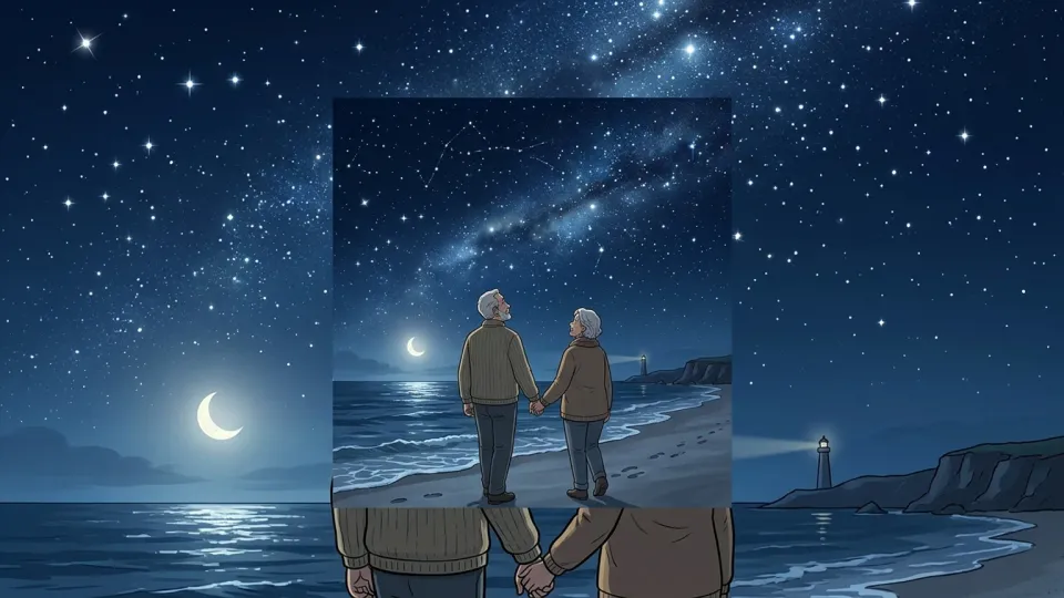 星空の下で手をつなぐ老夫婦