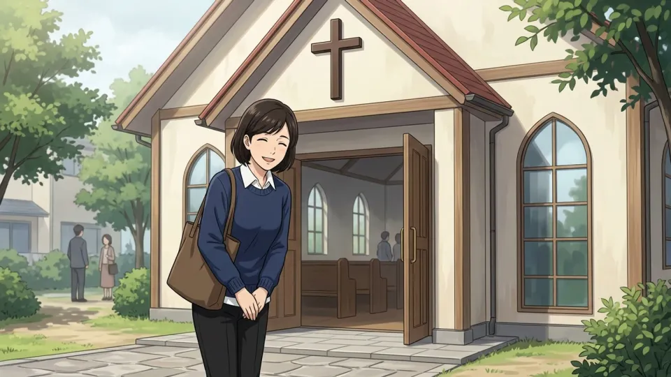 教会の前でほほえむ女性