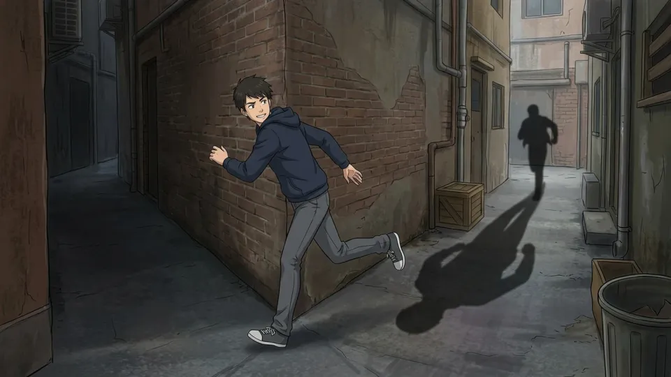 路地裏で追手から身をかわす人物