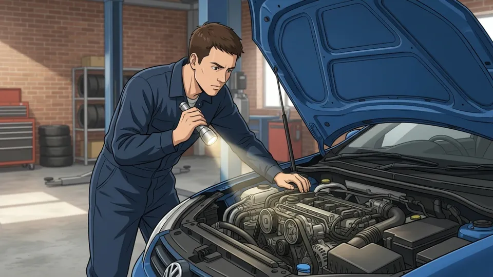 エンジンを点検する整備士
