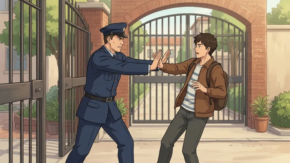 警備員が門のところで非会員の侵入を防いでいるイラスト