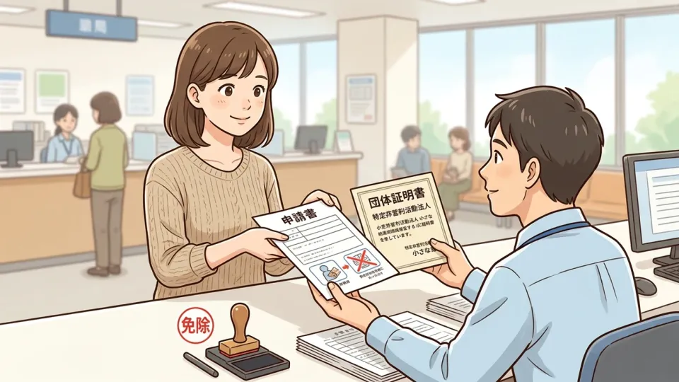 行政窓口で非営利団体の担当者が登録料の免除を申請している