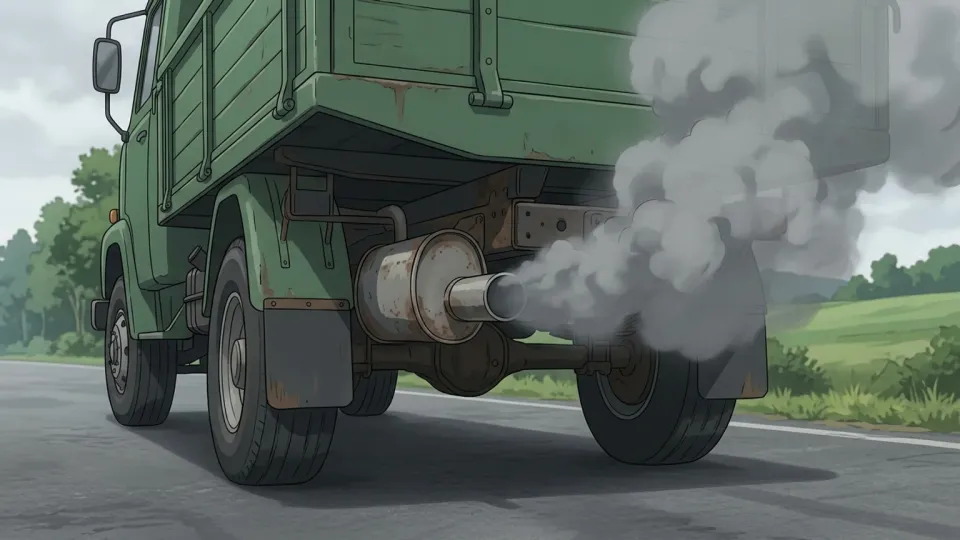 トラックの排気管から出る濃い排気ガス