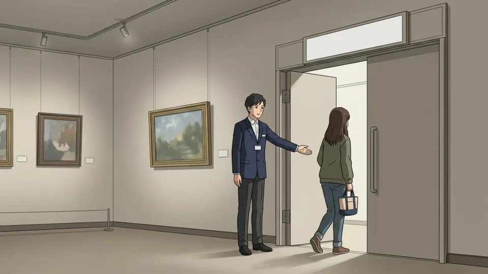 美術館の展示室で、来館者が案内係の誘導に従って東側の扉から退出している様子