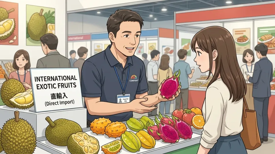 食品見本市で珍しい外国産果物を展示する輸入業者