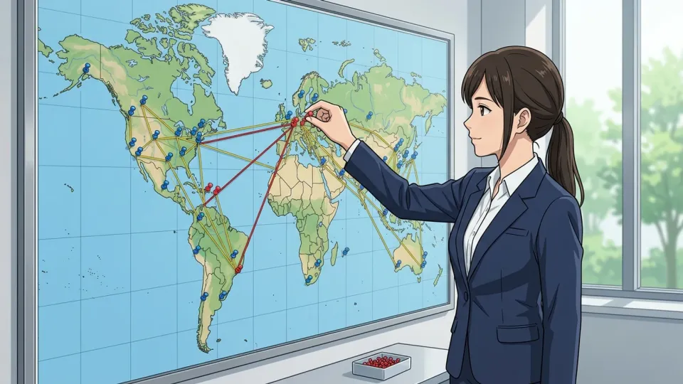 世界地図上で矢印が外に向かって広がり、企業の拡大を示すイラスト