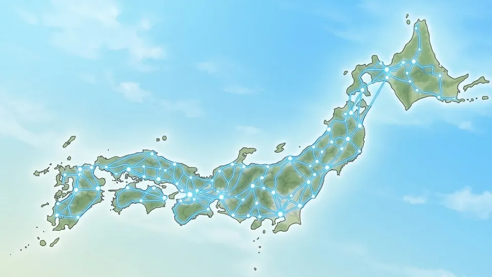 日本地図全体に張り巡らされた広大なネットワークのイラスト