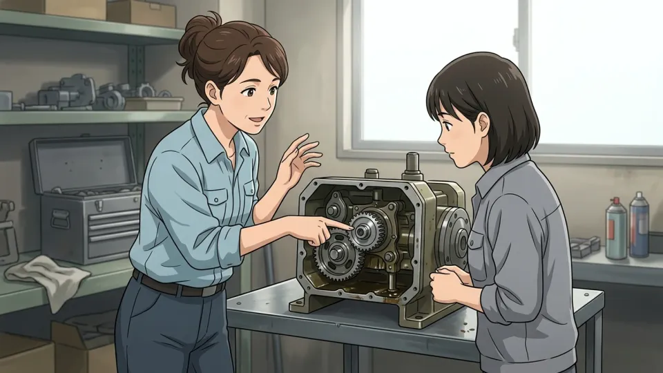 女性が機械の部品を指し示しながら説明しているイラスト