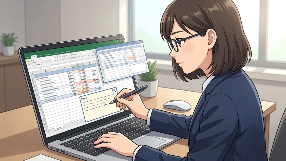 会計担当者が表計算画面の修正済み数値の下に、理由を示す説明注記を入力している様子