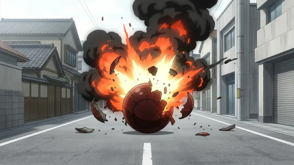 通りで炎と煙を上げて爆発する瞬間