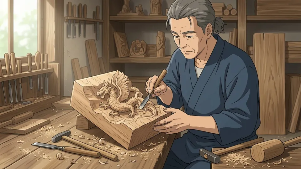 職人が精巧な木彫りの彫刻を作っている場面