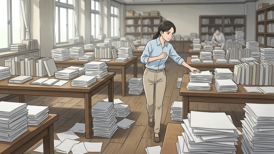 研究者が部屋中くまなく書類を探している様子
