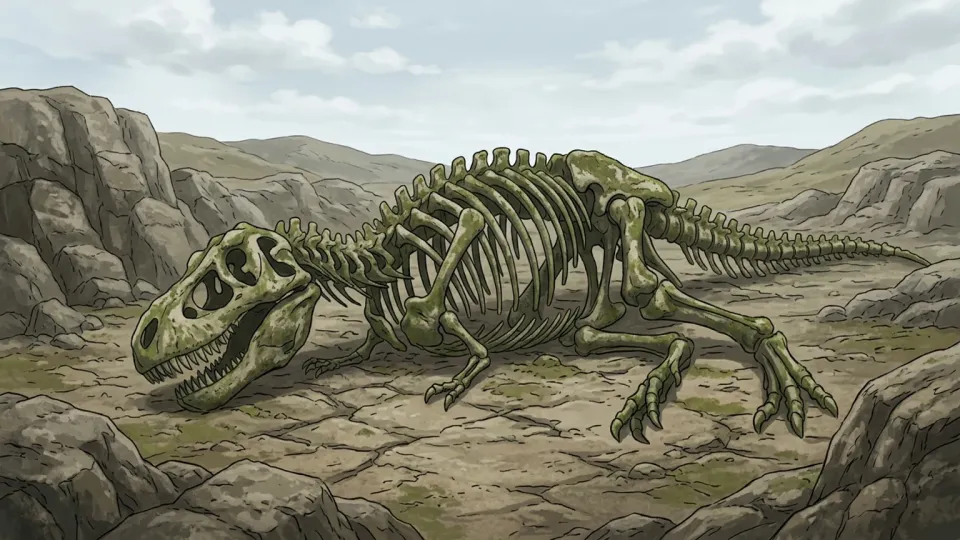 地面に横たわる恐竜の化石のイラスト