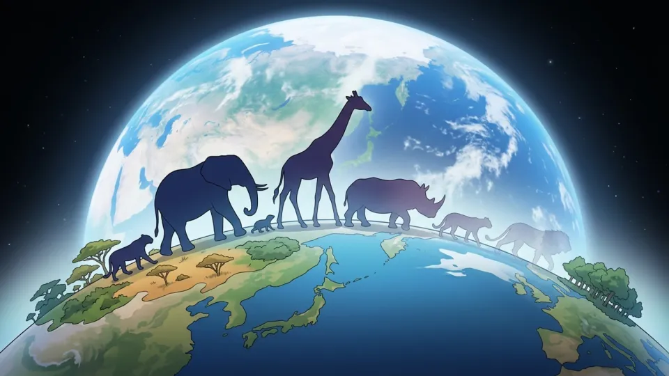 地球上で動物のシルエットが消えかけている様子