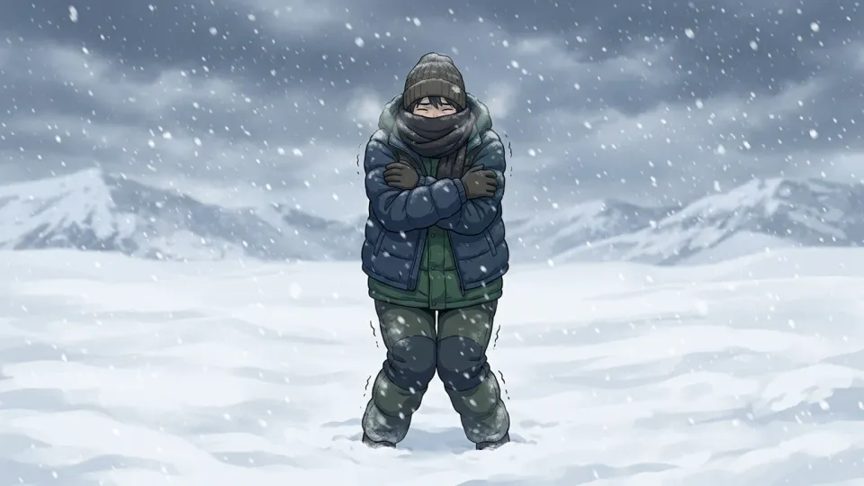 雪の中で震える人物