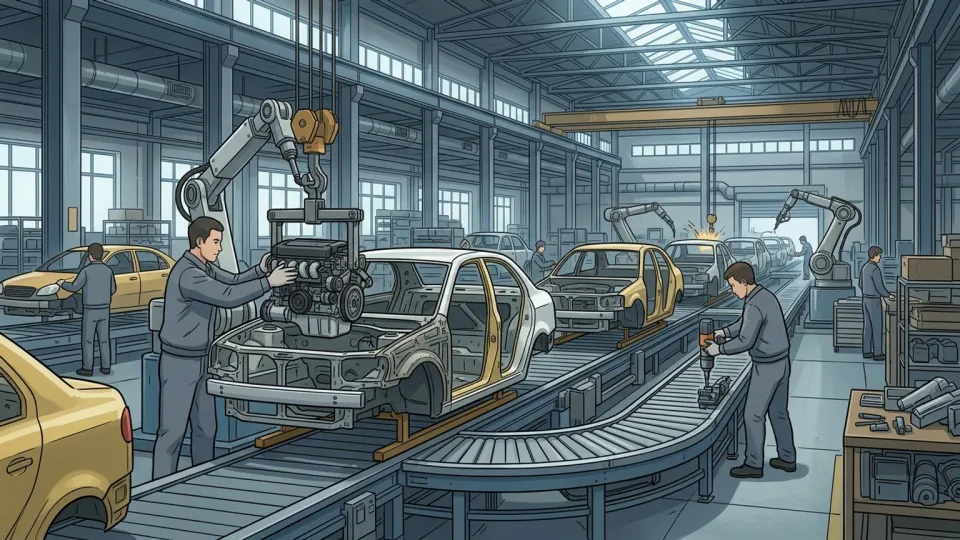 自動車が組み立てられている大きな工場