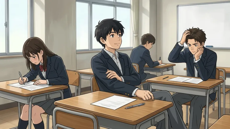 テストがかなり簡単だったことを示す学生たちの様子
