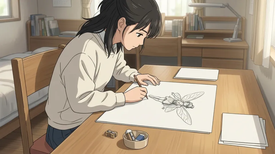羽の生えた妖精の絵を描く女の子