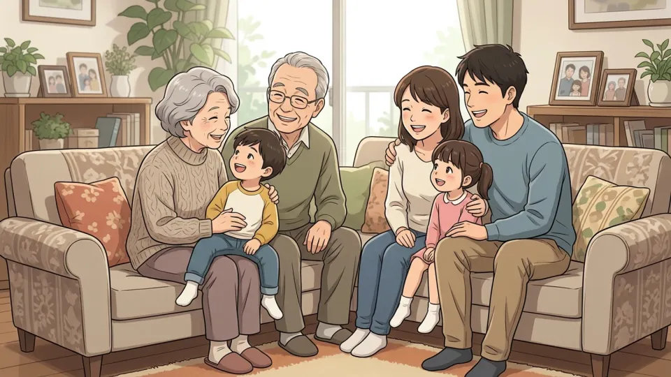 家族がソファに並んで座り、笑顔で温かい絆を表現している情景