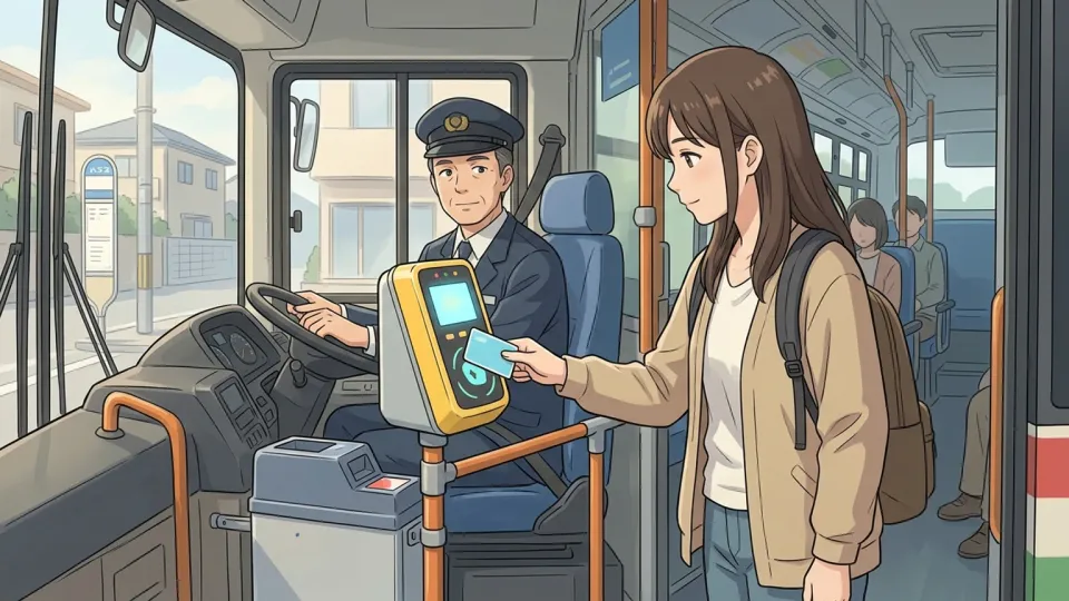 市バスの乗車口で、乗客が非接触型カードを読み取り機にかざして運賃を支払っている様子
