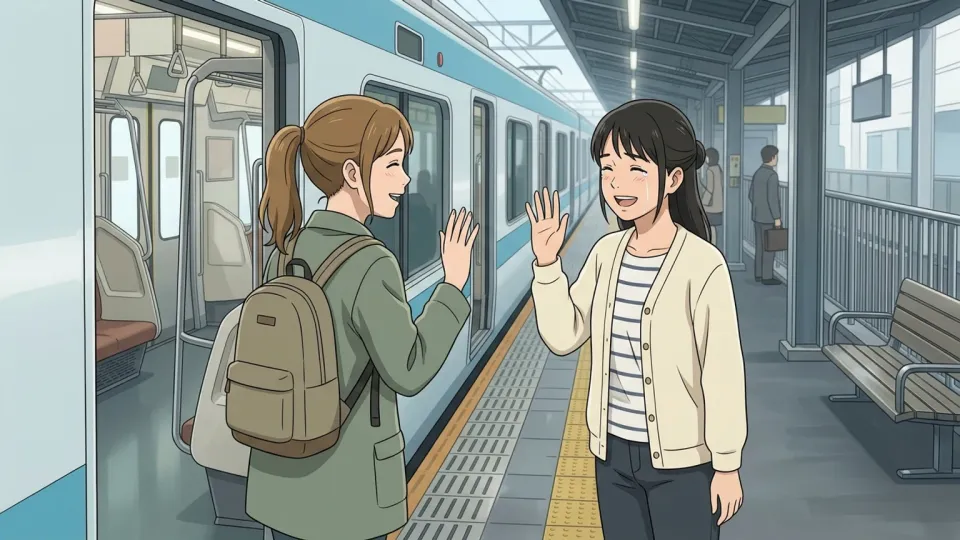 駅のホームで手を振る人々のイラスト