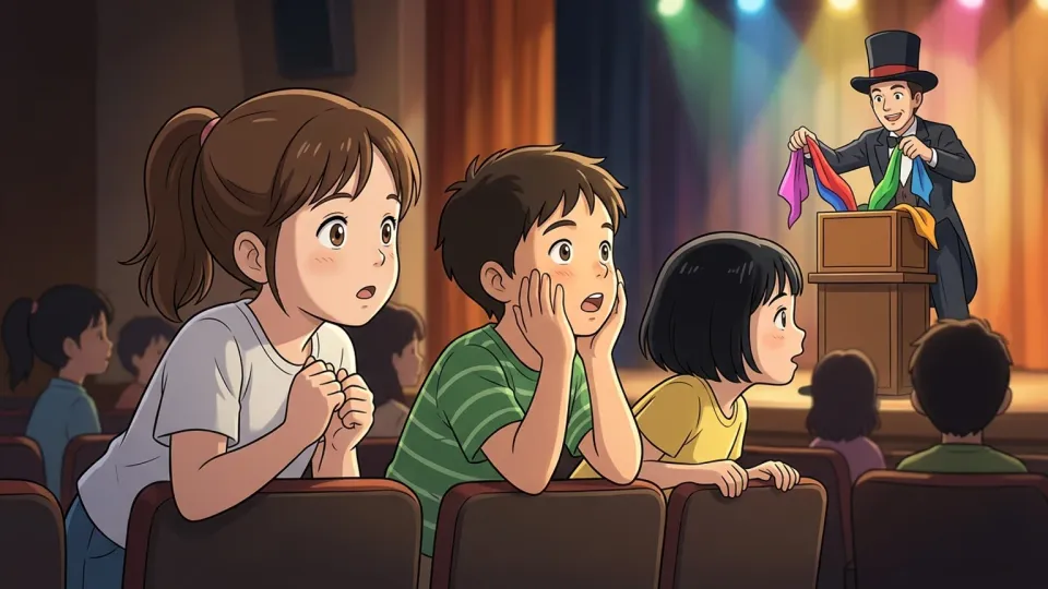 子供たちが手品にくぎ付けになっているイラスト