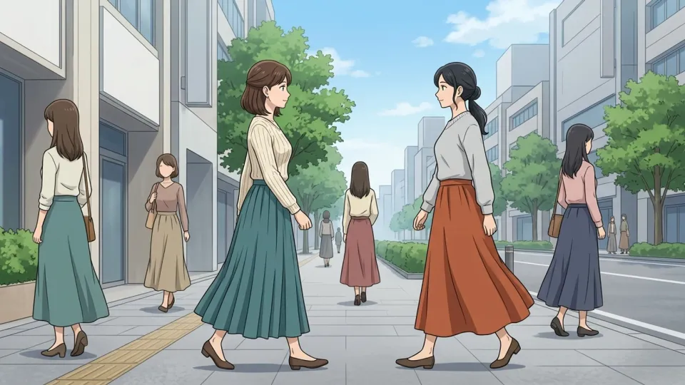ロングスカートを履いて歩く女性たち