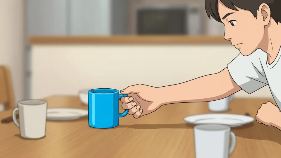 机の上の青いマグカップを指さす人物