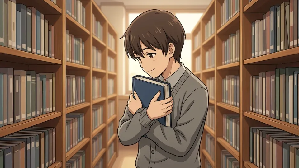図書館で本を選ぶ人物。