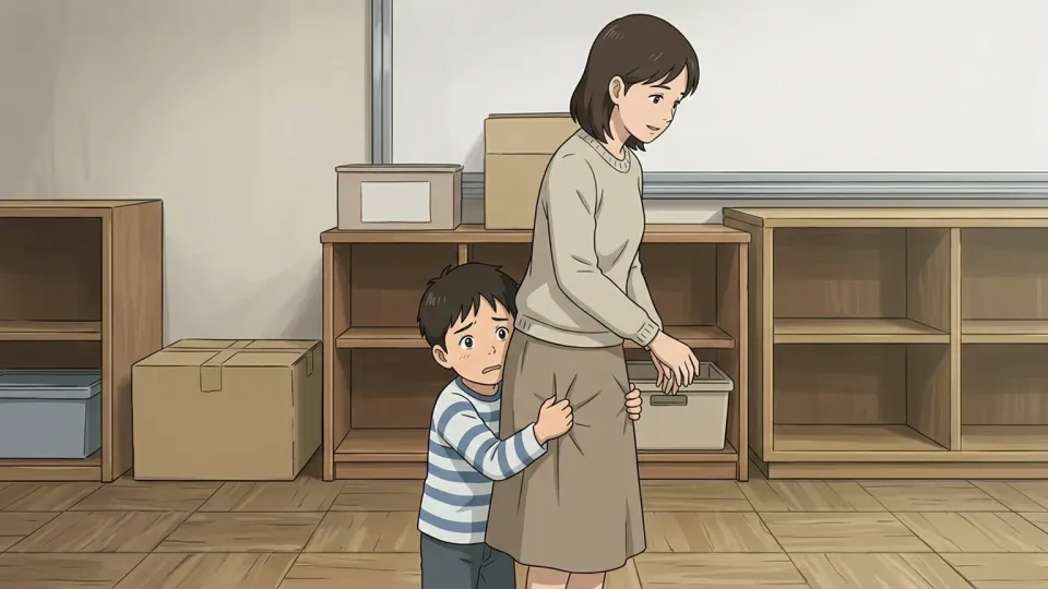 母親の背後に隠れて恐れを感じている子供