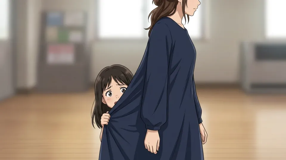 母親の陰に隠れておびえる子供の様子