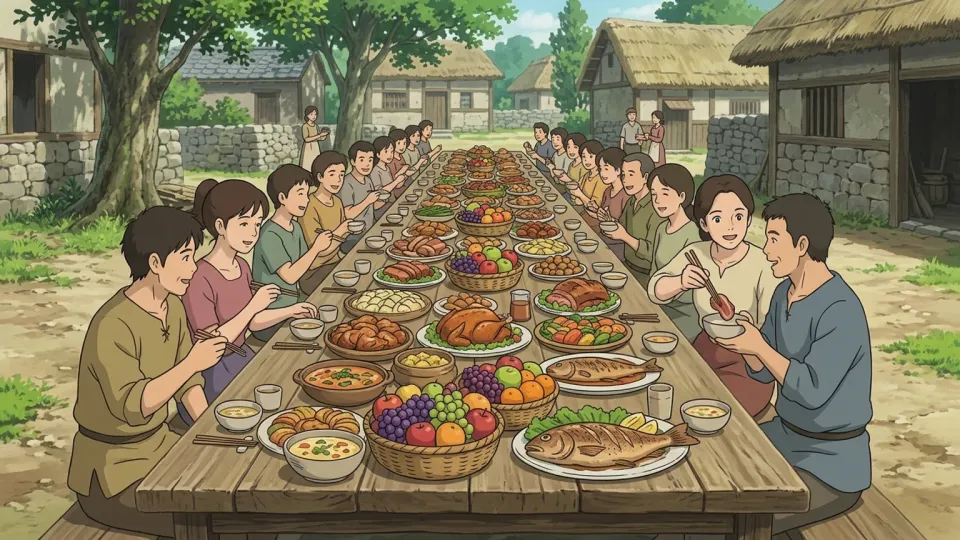 収穫を祝うために村の人々が集まって食事をしている様子。