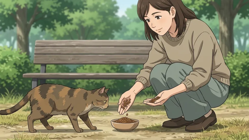 女性が野良猫に餌をやっている場面