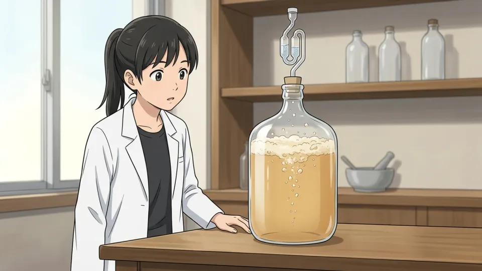 発酵タンクの中で液体が泡立っている様子