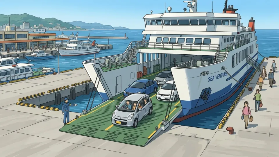港で乗客と車が島行きの大型フェリーに乗り込んでいる