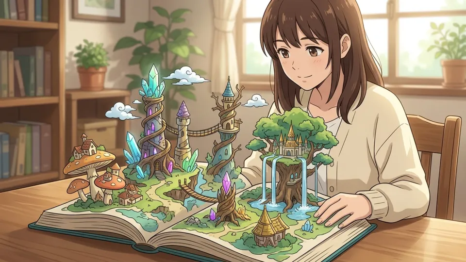 想像上の街が描かれたファンタジーのイラスト