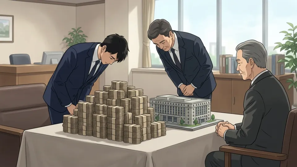 銀行窓口で資金援助を相談する男性