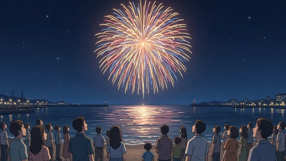 深夜0時に港の上空で最後の花火が開いている