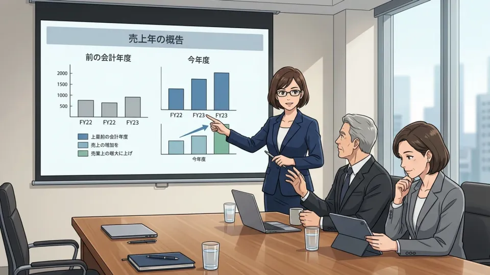 前会計年度の売上増加を説明する財務担当者