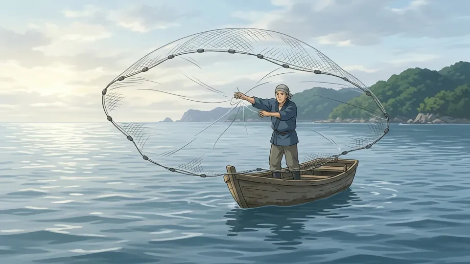 朝の海で網を投げる漁師