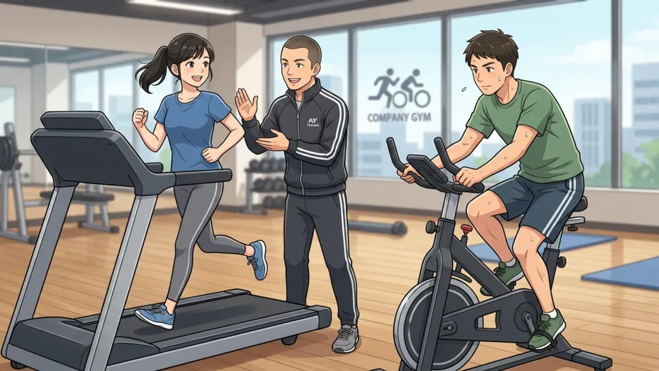 社内ジムで従業員がトレーナーの指導を受けながら運動している様子