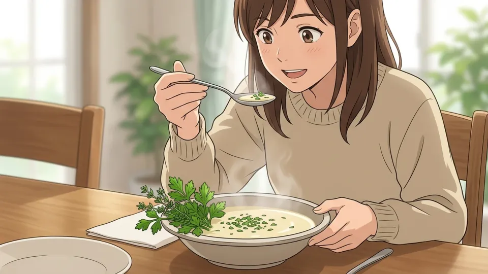 ハーブの香りが伝わるスープのボウル