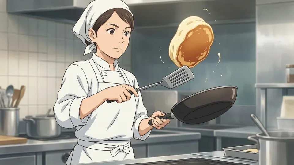 女性がフライパンのパンケーキをひっくり返している場面